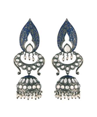 Silver Oxidised Traditional Meenakari Kundan & Stone Studded Jhumka Earrings For Women (E2949ZBl) 1