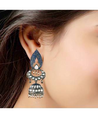 Silver Oxidised Traditional Meenakari Kundan & Stone Studded Jhumka Earrings For Women (E2949ZBl) 2