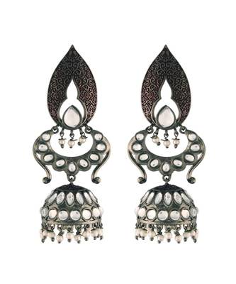 Silver Oxidised Traditional Meenakari Kundan & Stone Studded Jhumka Earrings For Women  1