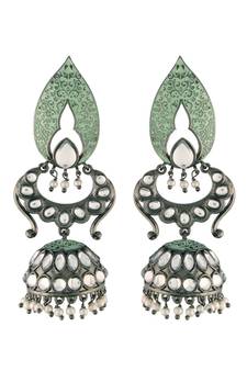 Silver Oxidised Traditional Meenakari Kundan & Stone Studded Jhumka Earrings For Women (E2949ZMin)