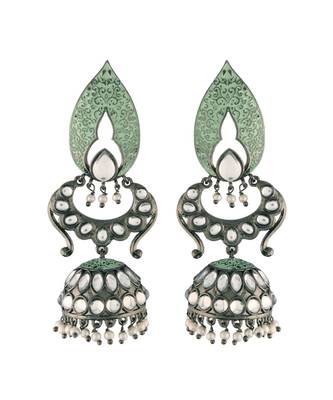 Silver Oxidised Traditional Meenakari Kundan & Stone Studded Jhumka Earrings For Women  1