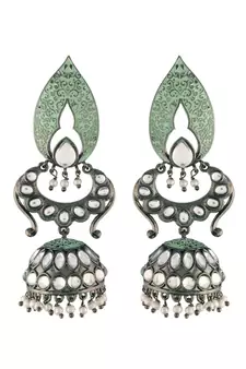 Silver Oxidised Traditional Meenakari Kundan & Stone Studded Jhumka Earrings For Women (E2949ZMin)