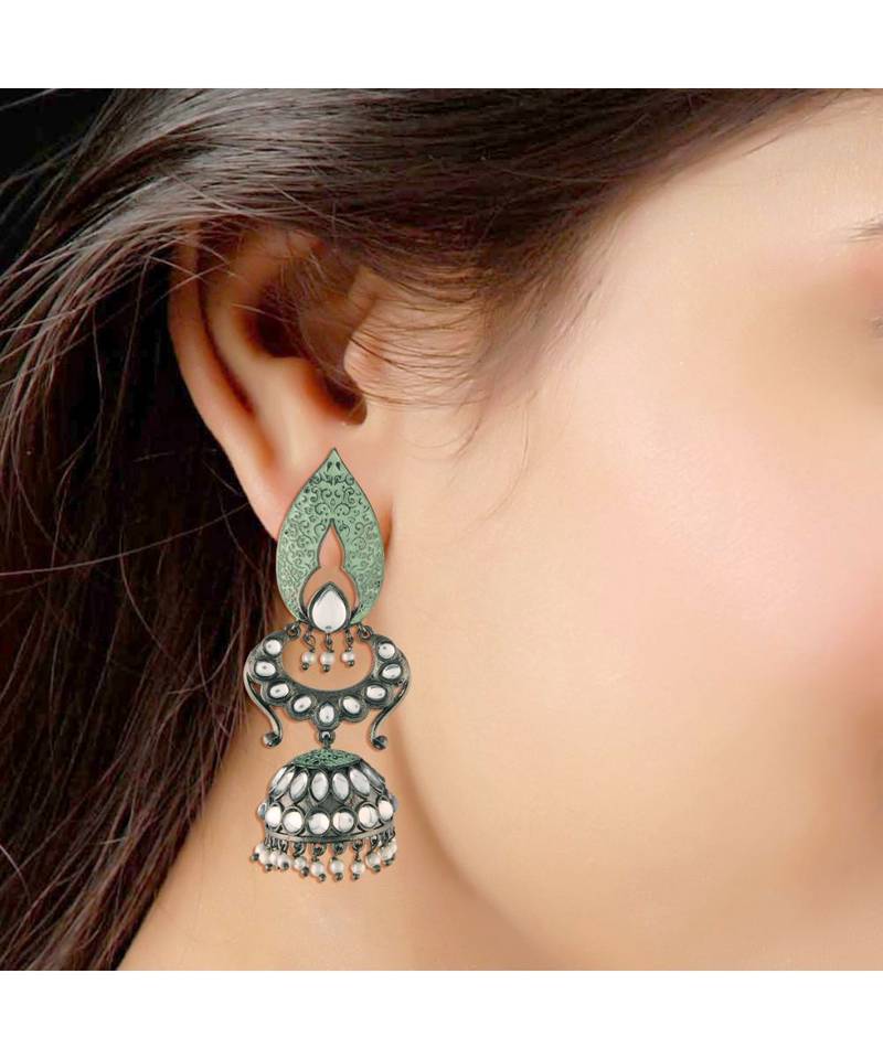 Silver Oxidised Traditional Meenakari Kundan & Stone Studded Jhumka Earrings For Women 