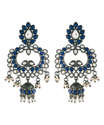  Silver Oxidised Traditional Kundan & Stone Studded Jhumka Earrings For Women (E2950ZBl) 1