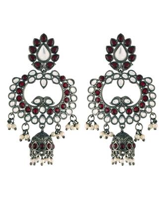 Silver Oxidised Traditional Kundan & Stone Studded Jhumka Earrings For Women (E2950ZM) 1