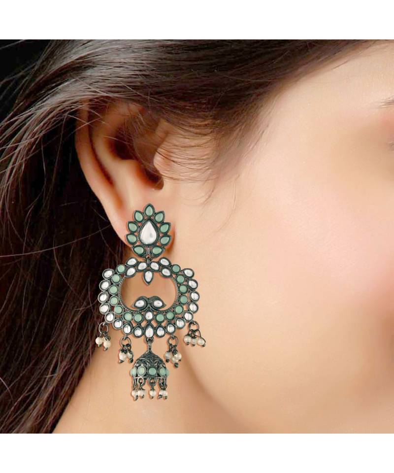 Silver Oxidised Traditional Kundan & Stone Studded Jhumka Earrings For Women 