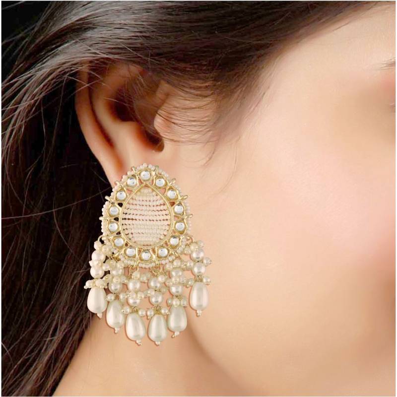 Traditional Kundan Studded Pearl Drop Earrings For Women 