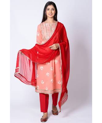 red cotton printed   top & bottom  with    dupatta 1