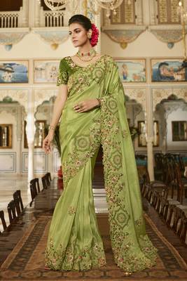 Light green embroidered viscose saree with blouse 1