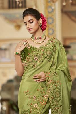 Light green embroidered viscose saree with blouse 3