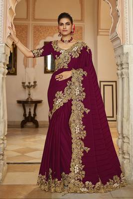 Wine embroidered pure georgette saree with blouse 1