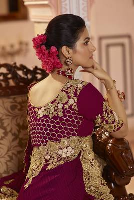 Wine embroidered pure georgette saree with blouse 2