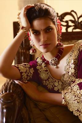 Wine embroidered pure georgette saree with blouse 3