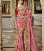 Baby pink embroidered viscose saree with blouse