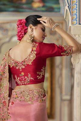 Baby pink embroidered viscose saree with blouse 2
