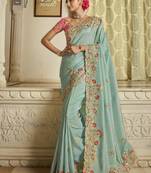 Blue embroidered viscose saree with blouse