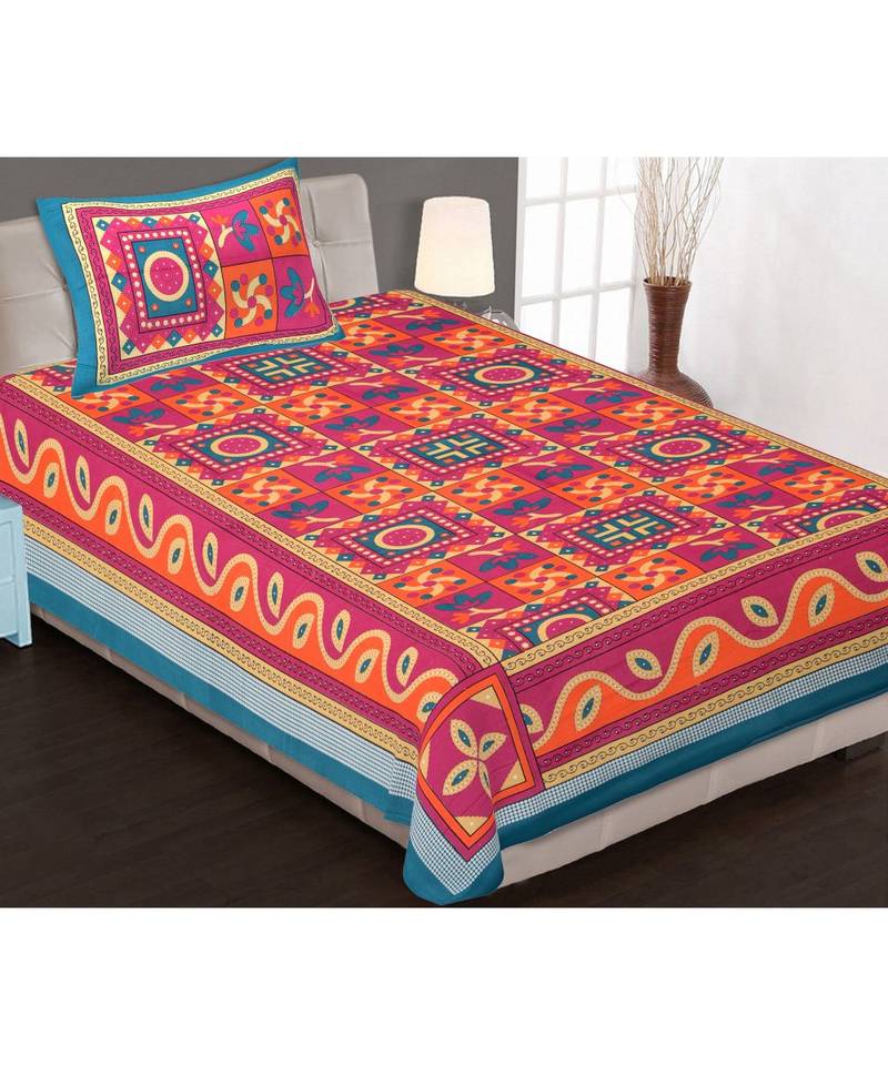 Orange Color Pure Cotton Single size Bedsheet With  Pillow Cover Single shakiya Orange