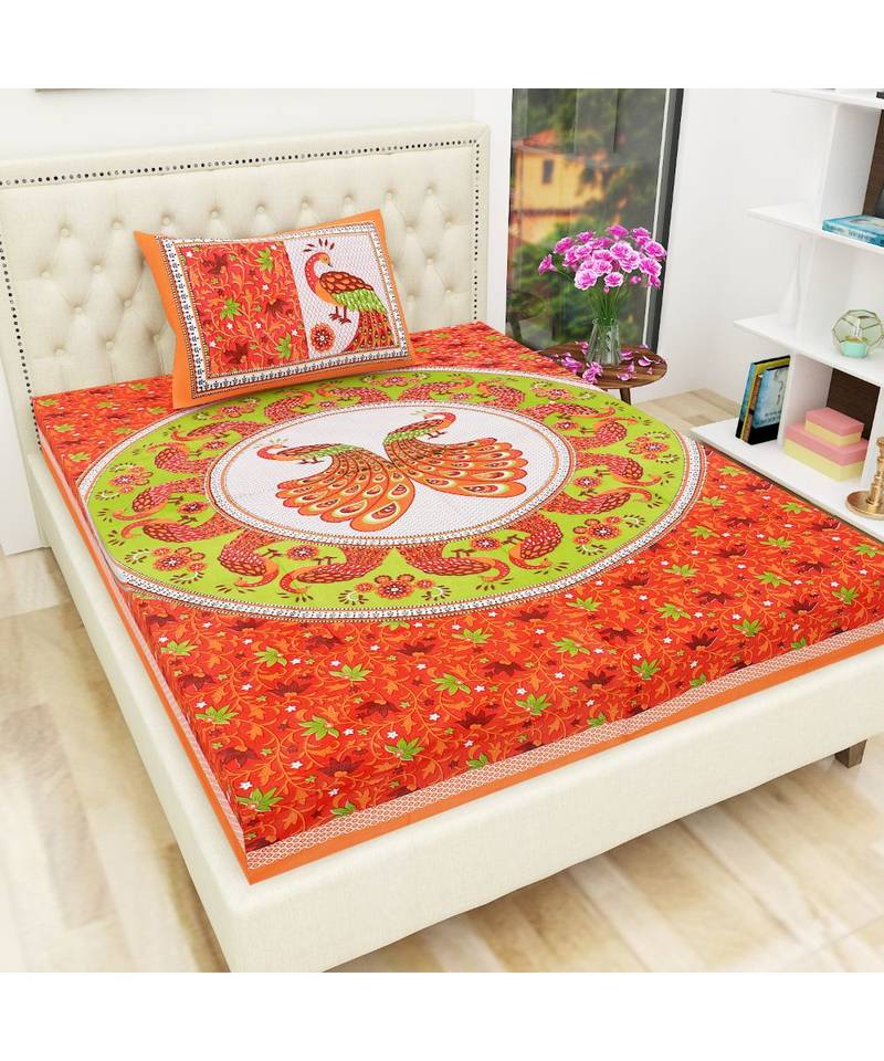 Orange Color Pure Cotton Single size Bedsheet With  Pillow Cover Single Tedha Mor Orange