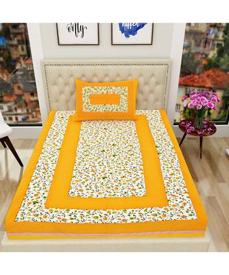 Yellow Color Pure Cotton Single size Bedsheet With  Pillow Cover Single white phool Yellow 1