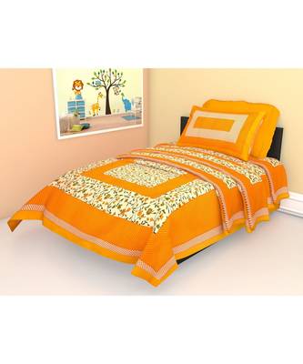 Yellow Color Pure Cotton Single size Bedsheet With  Pillow Cover Single white phool Yellow 3