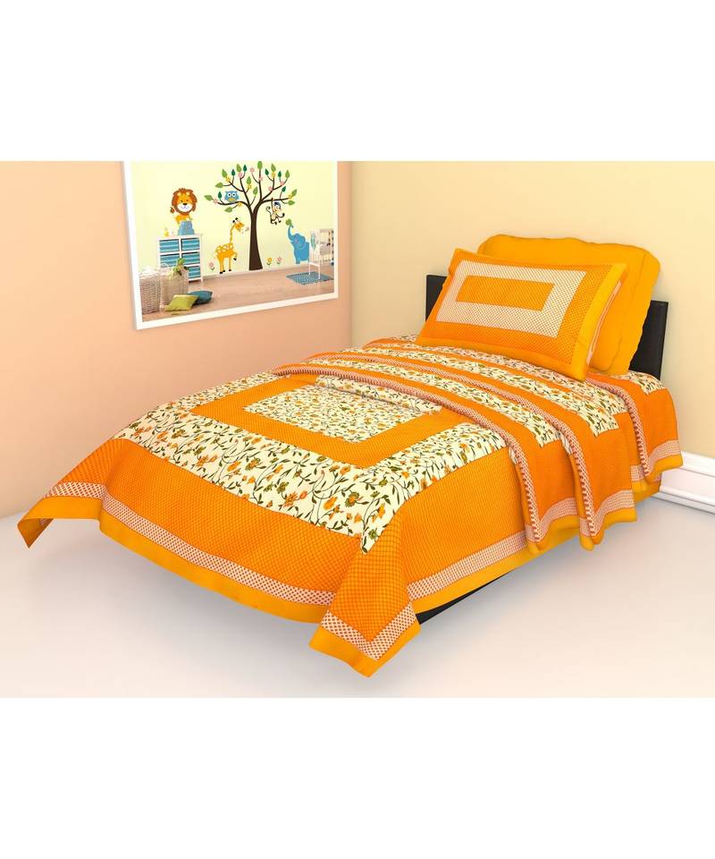 Yellow Color Pure Cotton Single size Bedsheet With  Pillow Cover Single white phool Yellow