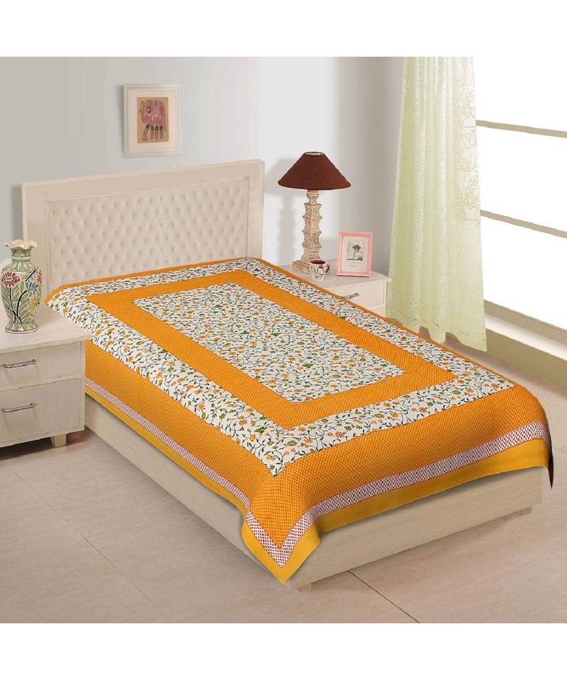 Yellow Color Pure Cotton Single size Bedsheet With  Pillow Cover Single white phool Yellow