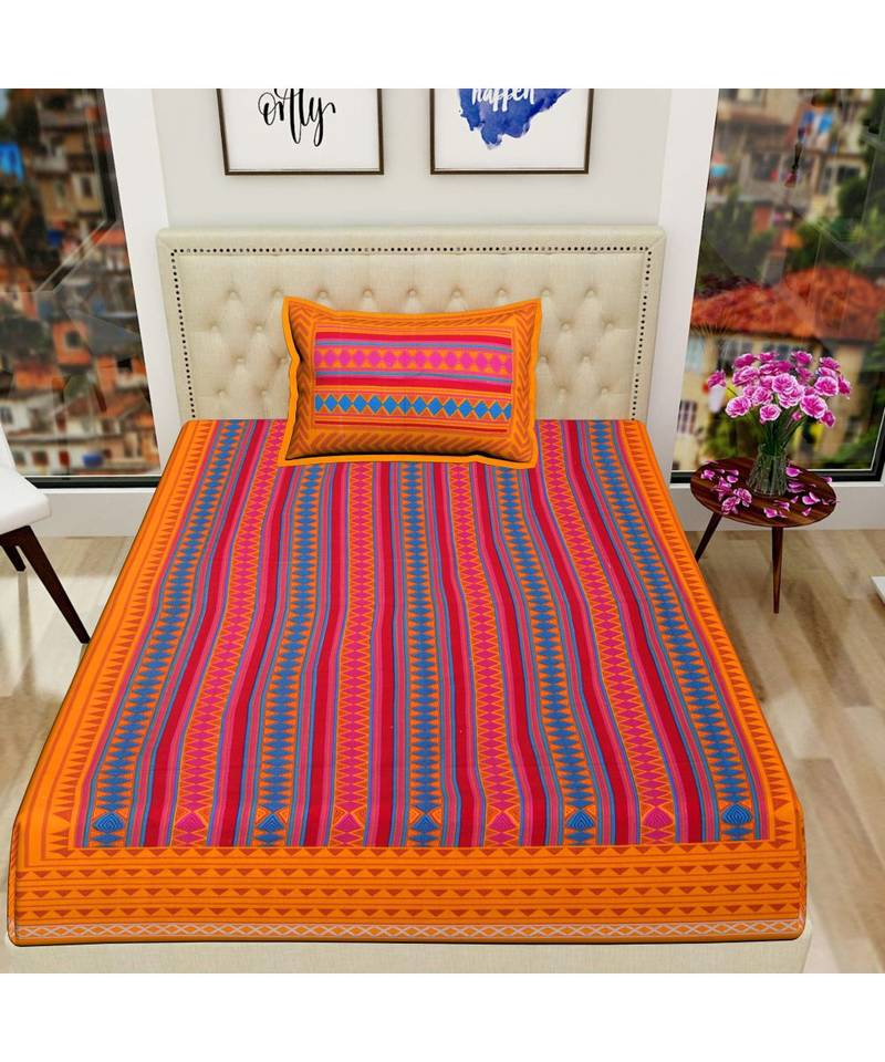 Yellow Color Pure Cotton Single size Bedsheet With  Pillow Cover Single zig zag Yellow