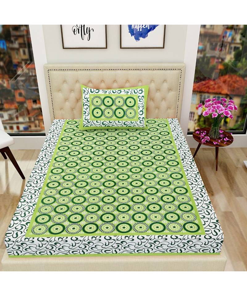 green Color Pure Cotton Single size Bedsheet With  Pillow Cover gola jalebi green