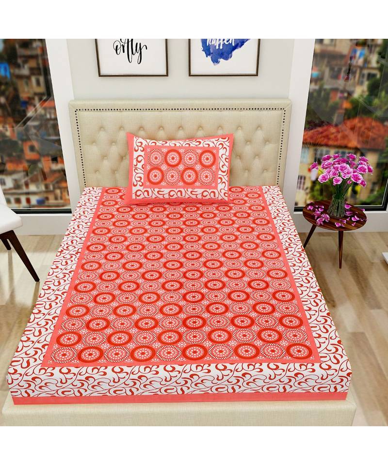 Orange Color Pure Cotton Single size Bedsheet With  Pillow Cover gola jalebi orange