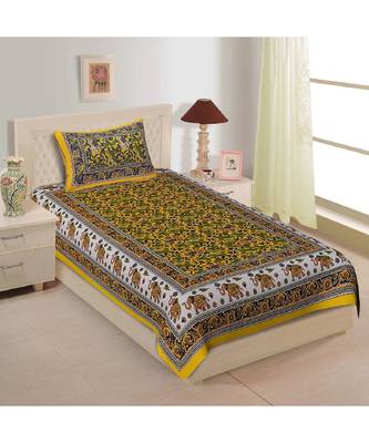 Yellow Color Pure Cotton Single size Bedsheet With  Pillow Cover hathi border yellow 2