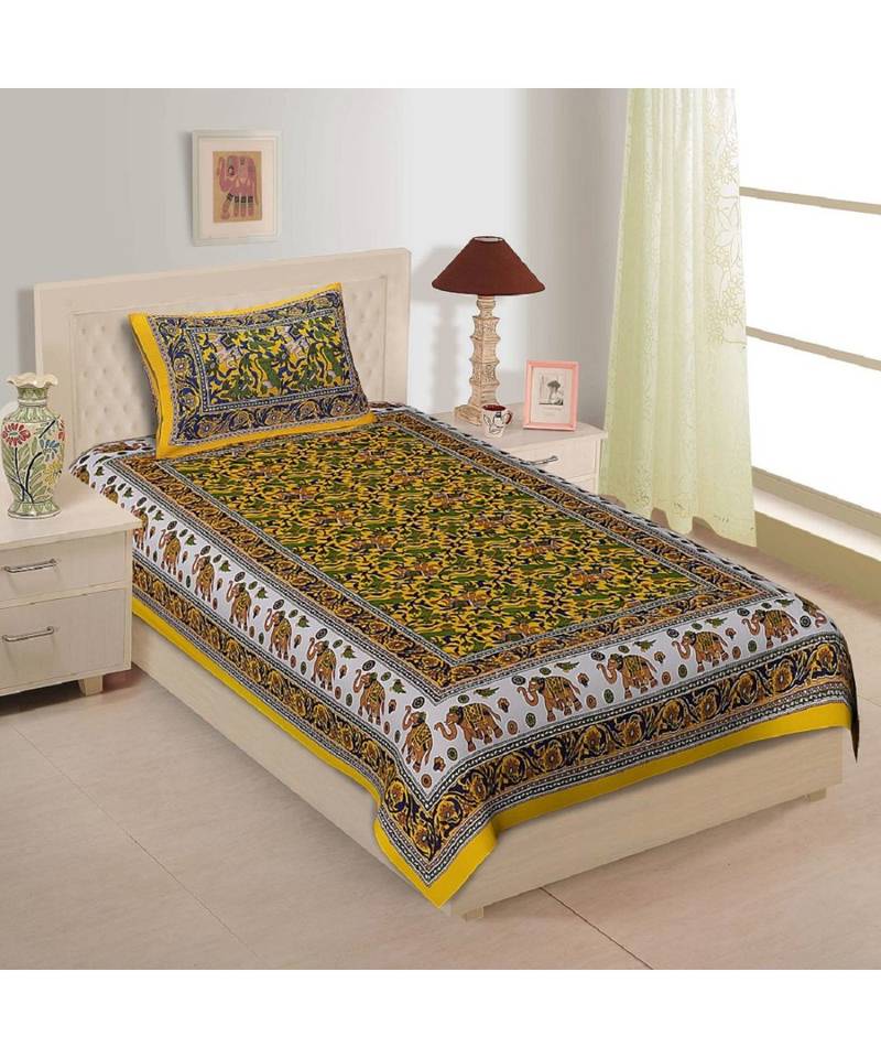 Yellow Color Pure Cotton Single size Bedsheet With  Pillow Cover hathi border yellow