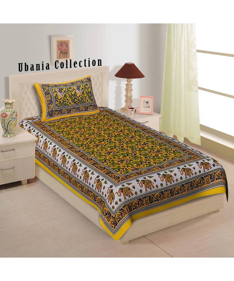 Yellow Color Pure Cotton Single size Bedsheet With  Pillow Cover hathi border yellow
