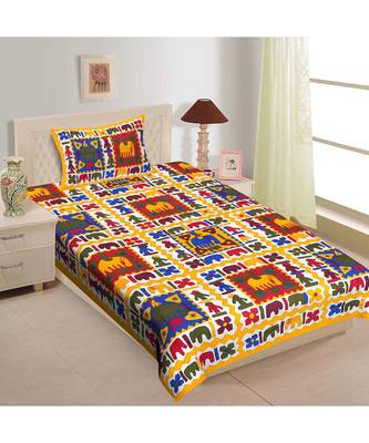 Yellow Color Pure Cotton Single size Bedsheet With  Pillow Cover hathi city yellow 3