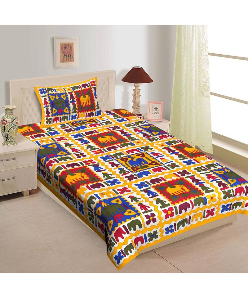 Yellow Color Pure Cotton Single size Bedsheet With  Pillow Cover hathi city yellow