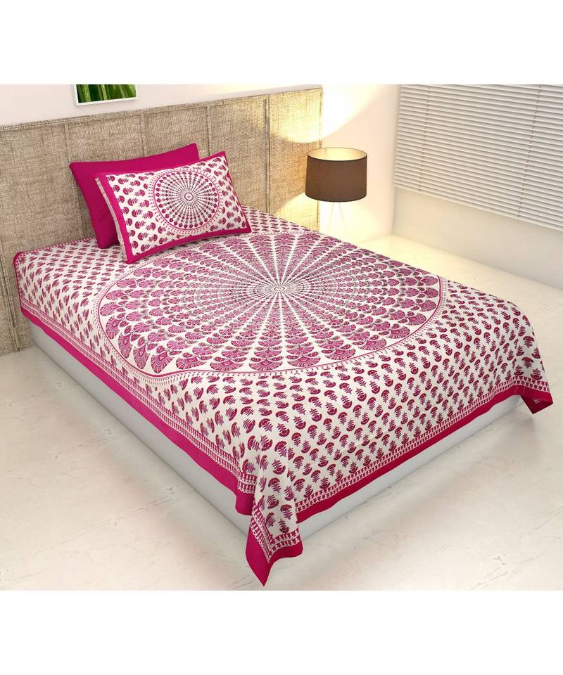 pink Color Pure Cotton Single size Bedsheet With  Pillow Cover mor pankh pink