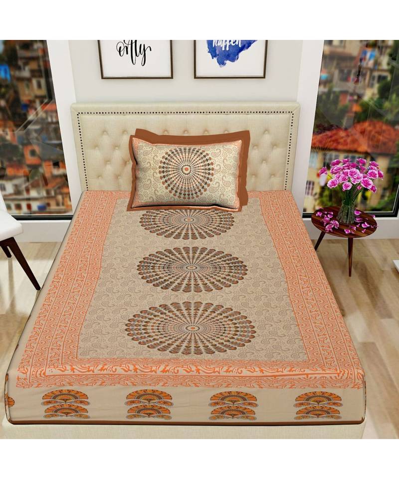 Yellow Color Pure Cotton Single size Bedsheet With  Pillow Cover pankh border yellow