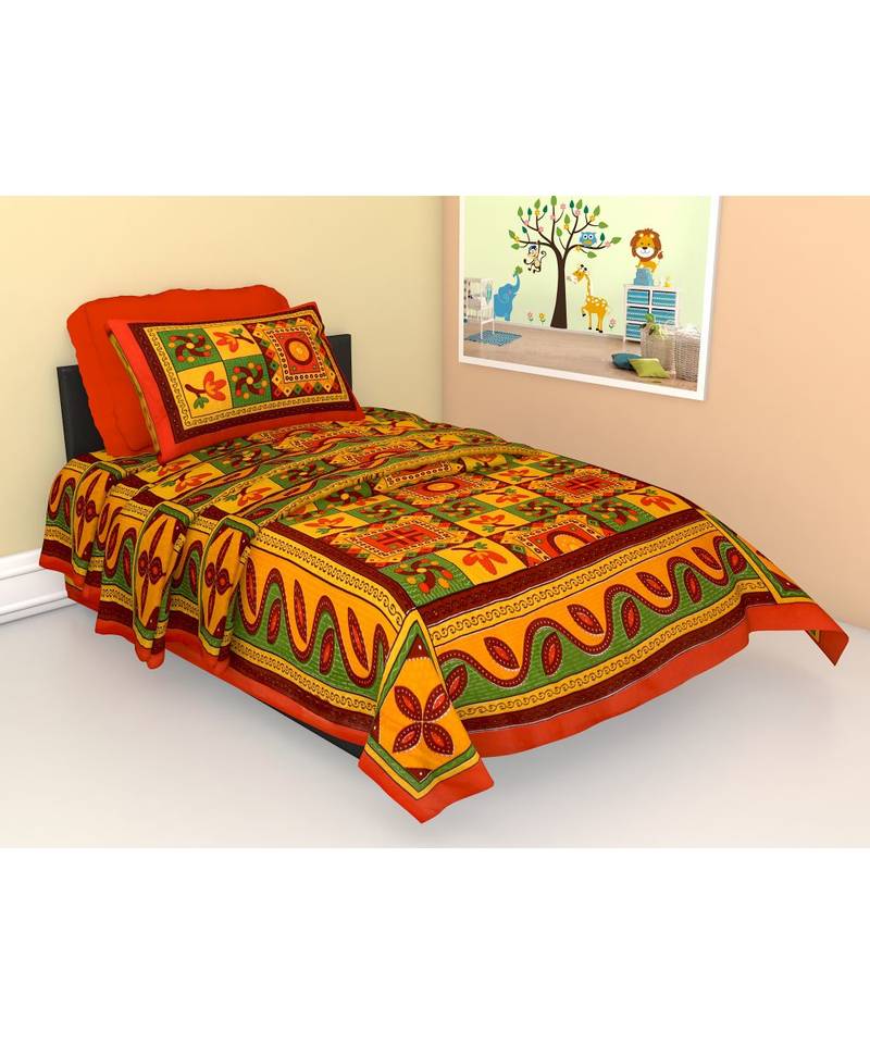 Yellow Color Pure Cotton Single size Bedsheet With  Pillow Cover ria fab yellow work