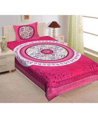 pink Color Pure Cotton Single size Bedsheet With  Pillow Cover round flower pink 1