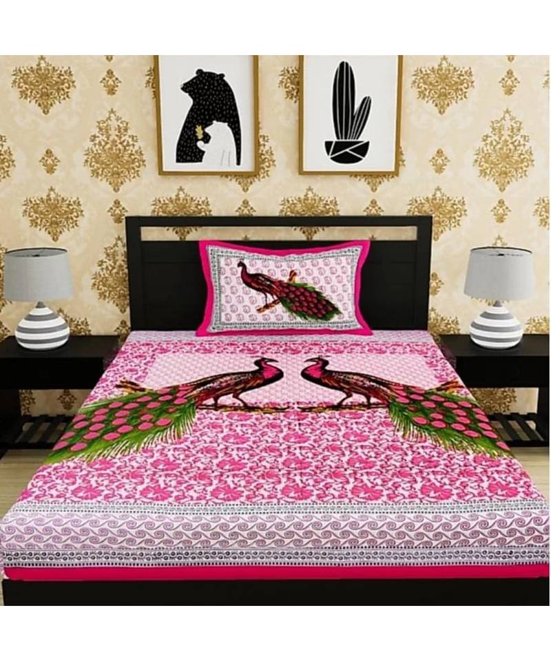 Pink Color Pure Cotton Single size Bedsheet With  Pillow Cover Single 2 mor Pink