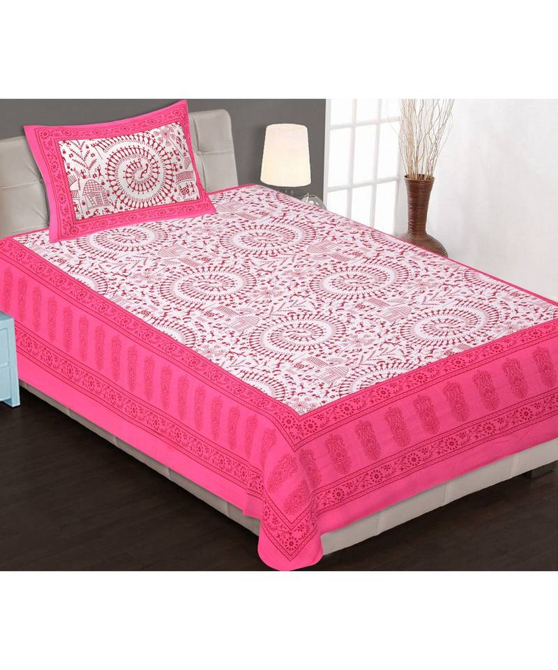 Pink Color Pure Cotton Single size Bedsheet With  Pillow Cover Single Aadimanav Pink