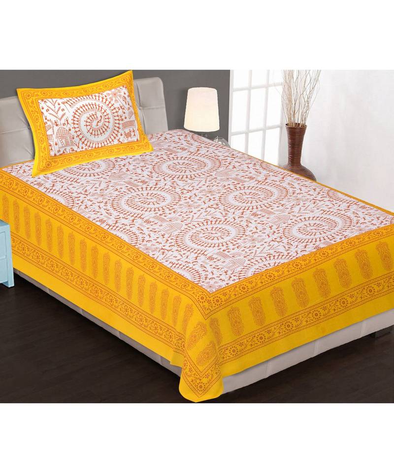 Yellow Color Pure Cotton Single size Bedsheet With  Pillow Cover Single Aadimanav yellow