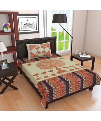 Orange Color Pure Cotton Single size Bedsheet With  Pillow Cover Single Barmeri Tree Orange 1
