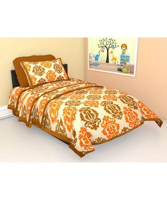 Orange Color Pure Cotton Single size Bedsheet With  Pillow Cover Single Block prints Orange 2