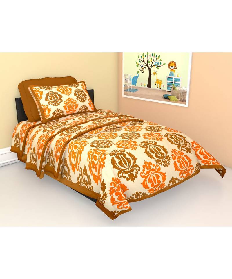 Orange Color Pure Cotton Single size Bedsheet With  Pillow Cover Single Block prints Orange