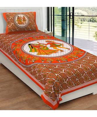 Orange Color Pure Cotton Single size Bedsheet With  Pillow Cover Single Circule Dandiya Orange 1