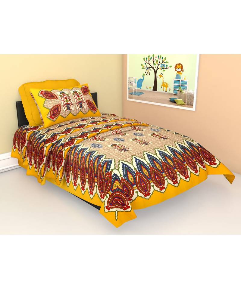 Yellow Color Pure Cotton Single size Bedsheet With  Pillow Cover Single gamla patta Yellow