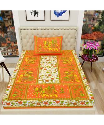 Orange Color Pure Cotton Single size Bedsheet With  Pillow Cover Single Hathi 4 Side orange 1