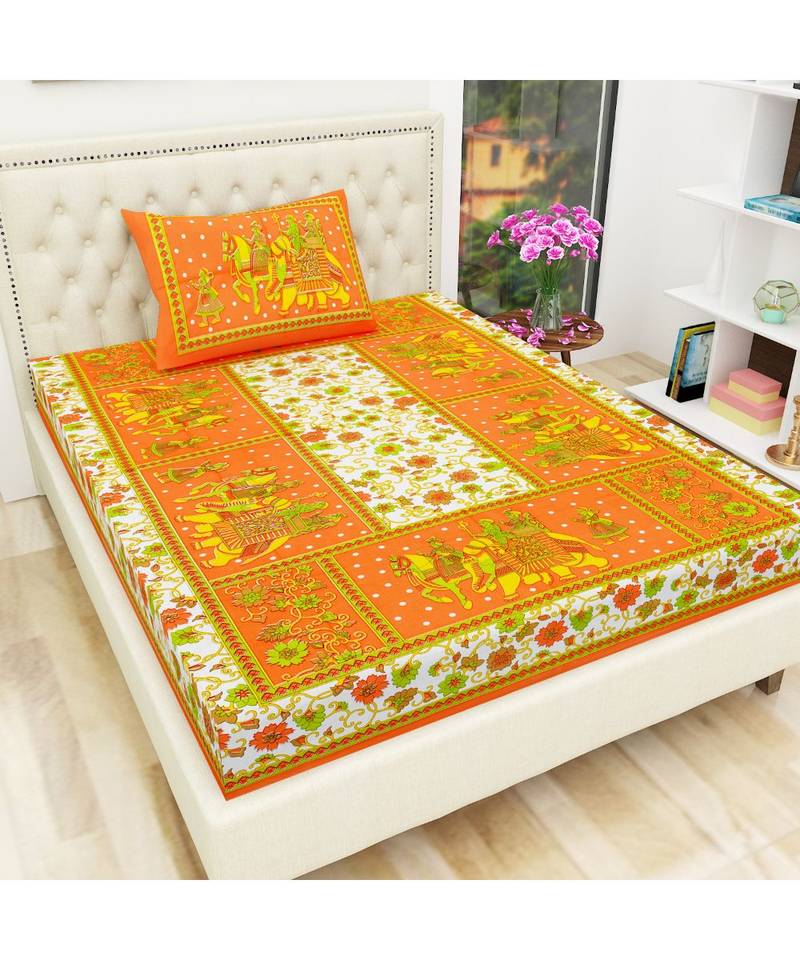 Orange Color Pure Cotton Single size Bedsheet With  Pillow Cover Single Hathi 4 Side orange