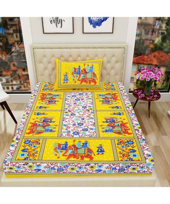Yellow Color Pure Cotton Single size Bedsheet With  Pillow Cover Single Hathi 4 Side Yellow 1