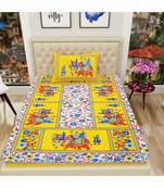 Yellow Color Pure Cotton Single size Bedsheet With  Pillow Cover Single Hathi 4 Side Yellow